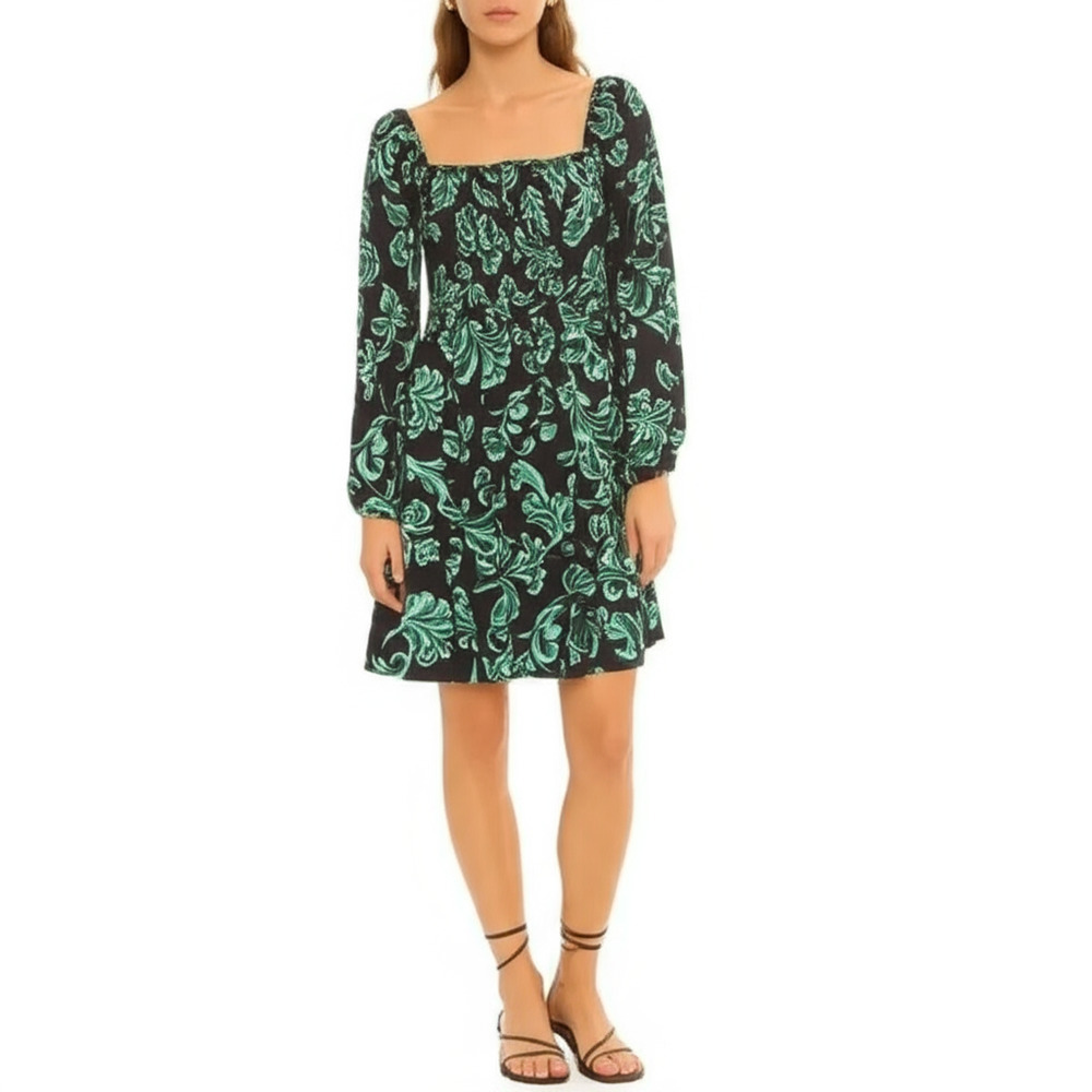NEW Abercrombie & Fitch Black Green Floral Smocked Long Sleeve Mini Dress Size M